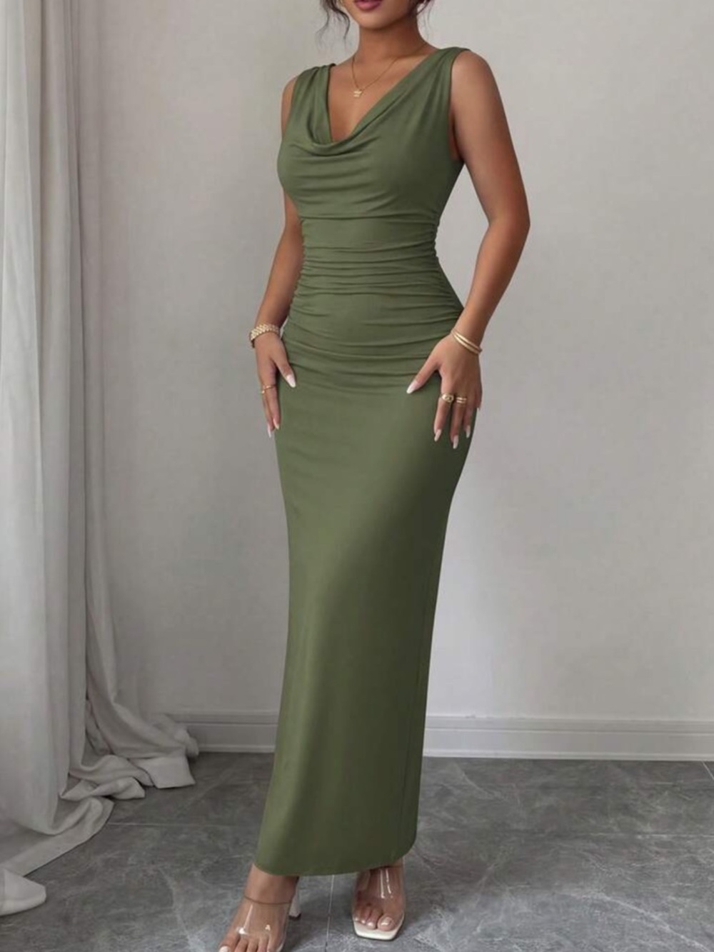 Sleeveless Green Ruched Cowl Neck Maxi Dress - Picture 5 of 5